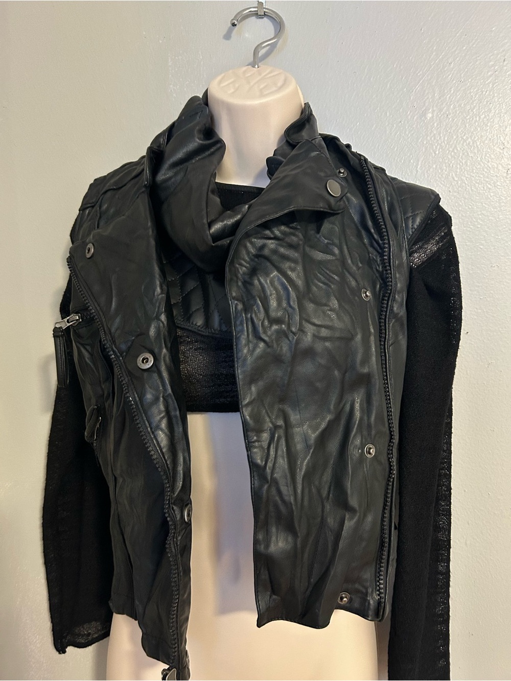 EDGY Black Biker Vest with Crop Mesh & Leather-Like Buckle Collar Costume XS